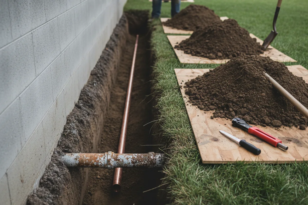 Excavated water line trench during Water Softener Installation in New Hope